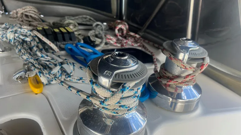 Slide: The Image of Sailing winches and ropes on a 2000 Hunter 410 yacht deck. - 51