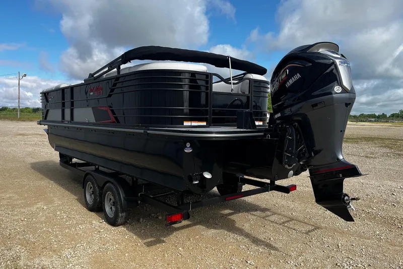 Slide: The Image of 2025 SunCatcher ELITE 324RC pontoon boat with Yamaha outboard motor on trailer. - 6
