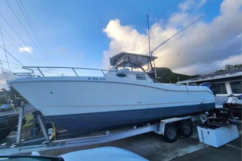 The Image of 1998 World Cat 266 SC boat on trailer, under a cloudy sky, parked outdoors. - 0
