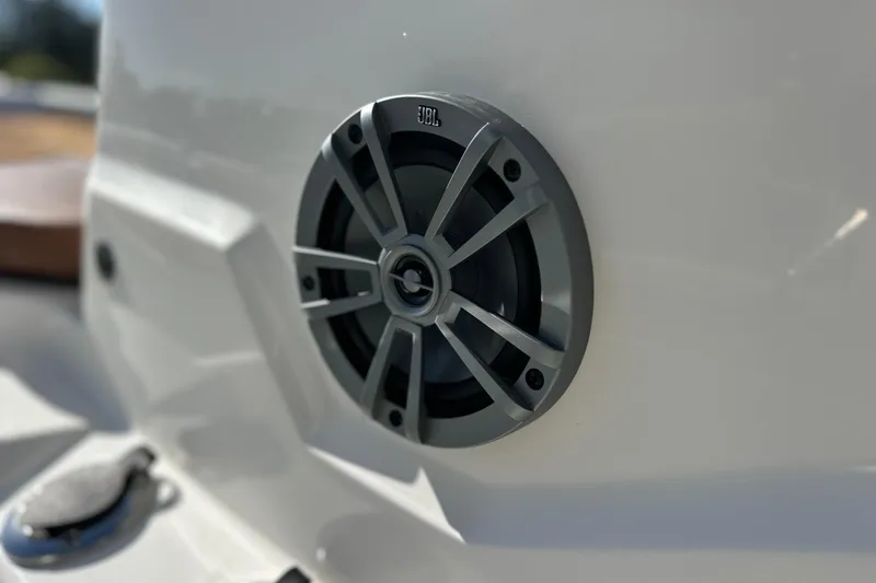 Slide: The Image of Close-up of JBL speaker on Avid 207 Recon boat, 2026 model. - 27