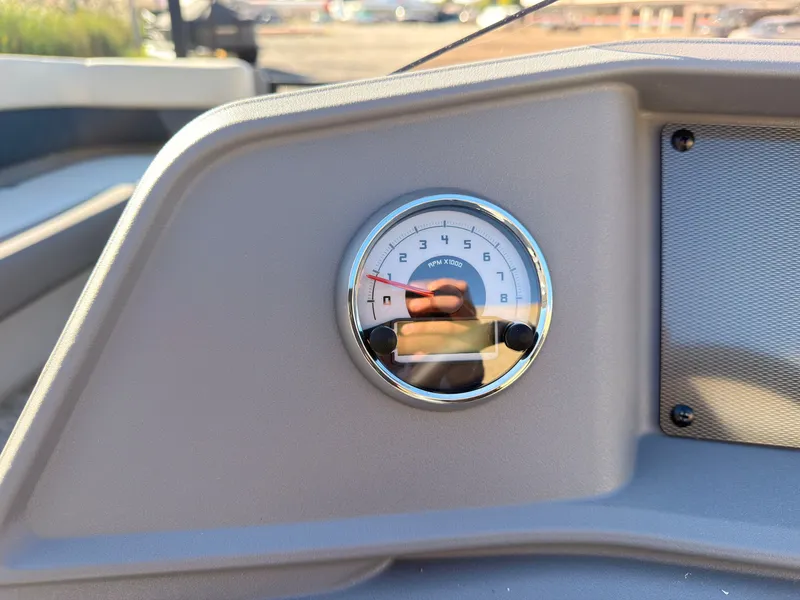 Slide: The Image of Close-up of a speedometer on a Sylvan boat, model R-20 Q DH, year 2027. - 29