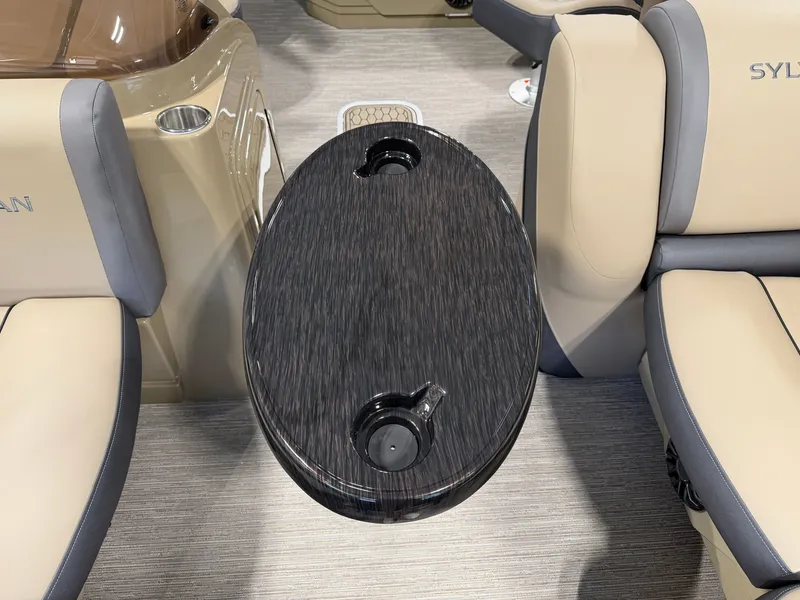 Slide: The Image of A sleek, oval table with cup holders in a modern boat interior. - 13
