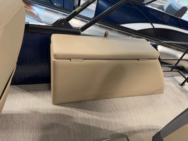 Slide: The Image of Beige bench seat with storage on a Sylvan boat. - 27