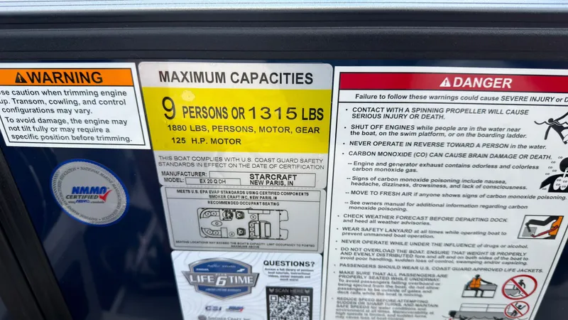 Slide: The Image of Safety and capacity labels on a boat, including maximum person and weight limits. - 42