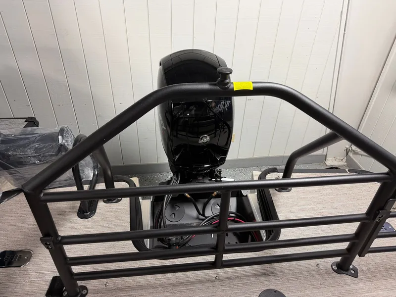 Slide: The Image of Rear view of a Sylvan MIRAGE X1 CLZ DH with a black outboard motor and protective railing. - 22