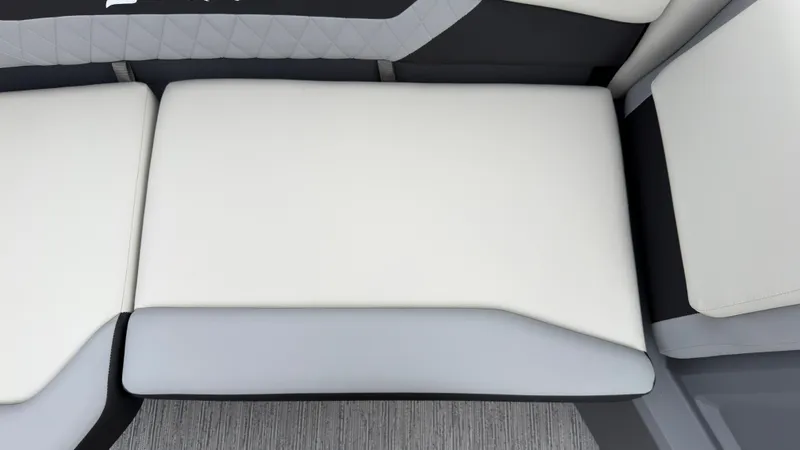 Slide: The Image of The image shows a modern, cushioned bench seat with gray and white upholstery. - 19
