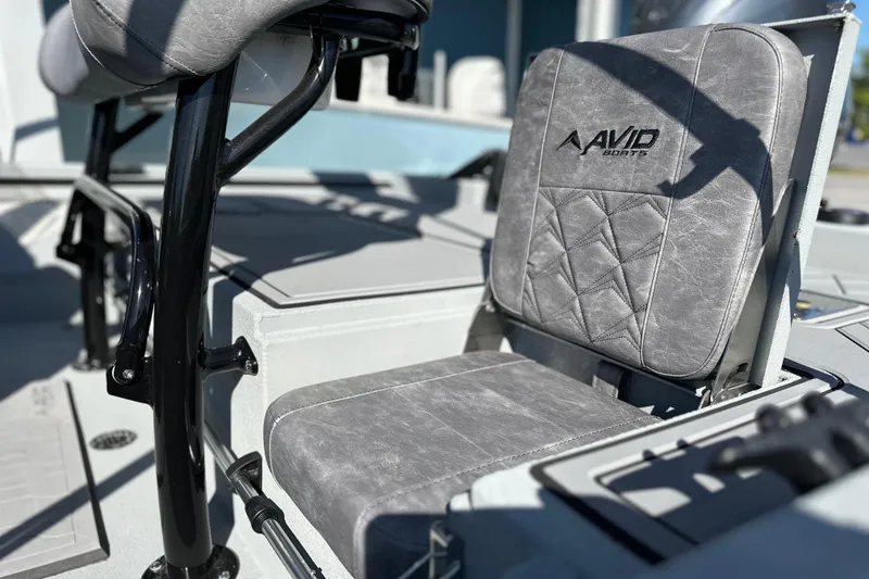 Slide: The Image of Gray seating on 2026 Avid 20 Rogue CC boat, featuring Avid Sports logo. - 17