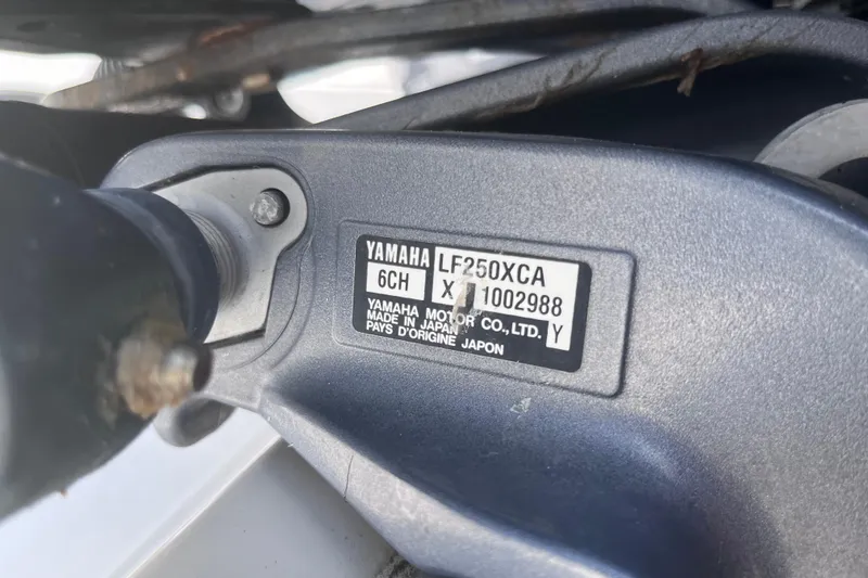 Slide: The Image of Yamaha motor label on a 2017 Tidewater 280 CC Adventure boat engine. - 46