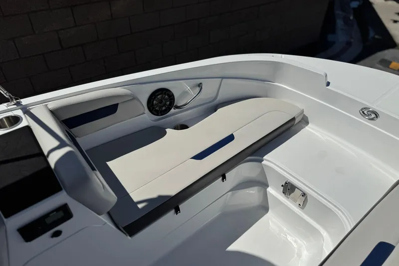 Slide: The Image of 2022 Hurricane SunDeck Sport 185 OB boat interior with seating and speaker. - 12