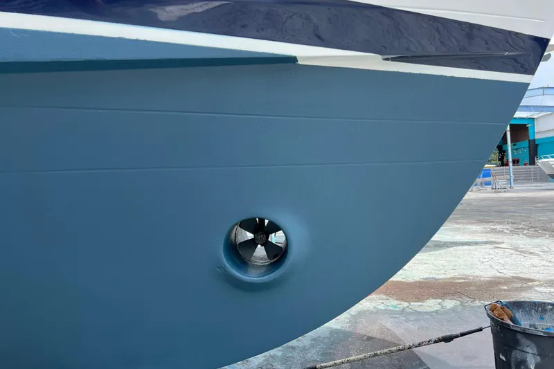 Slide: The Image of Bow thruster on 2007 Heritage East Sundeck Trawler, dry docked for maintenance. - 29