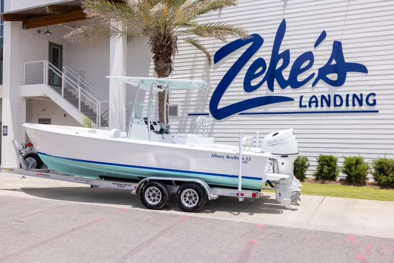 Slide: The Image of 2026 Albury Brothers 23 Forward Seating boat at Zeke's Landing, on a trailer. - 10