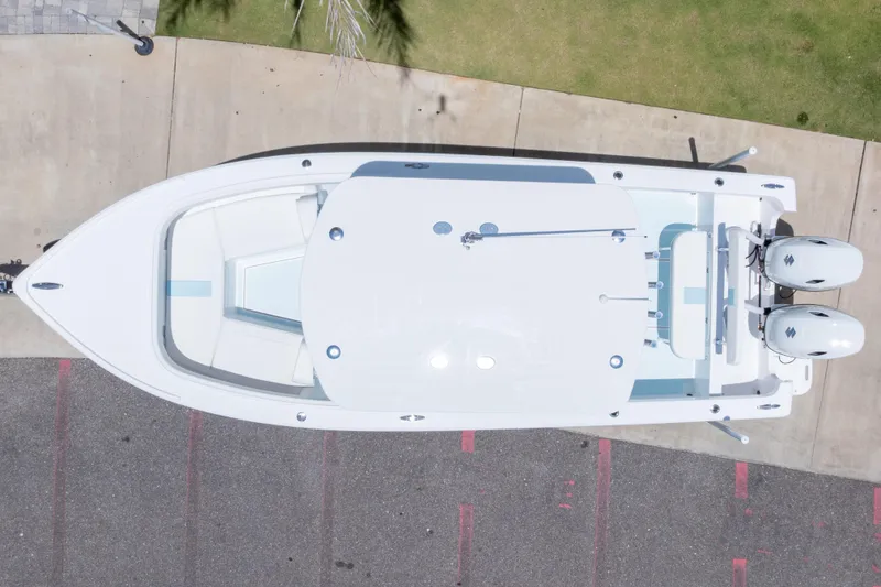Slide: The Image of Overhead view of 2026 Albury Brothers 23 Forward Seating boat with dual engines. - 9