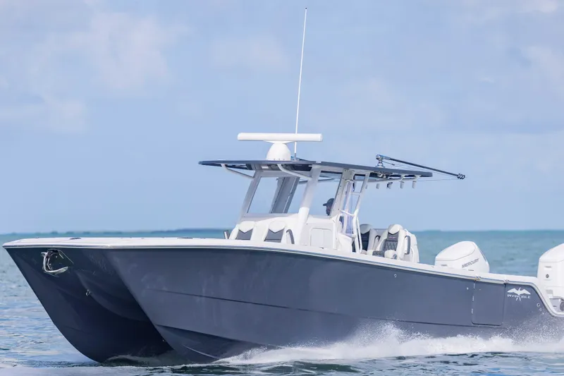 Slide: The Image of 2023 Invincible 35 Catamaran cruising on open water under clear skies. - 15