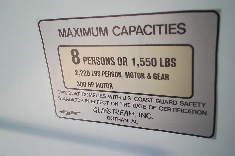 Slide: The Image of 2021 Glasstream 240 CCX capacity label: 8 persons, 1,550 lbs, 300 HP motor. - 22
