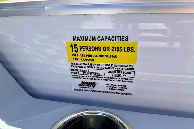 Slide: The Image of Capacity label on 2019 Crestliner 240 Rally DX CW, 15 persons or 2155 lbs. - 39