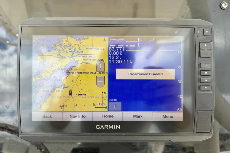 Slide: The Image of Garmin GPS display on 2018 Skeeter SX2250 boat showing map and transmission status. - 17