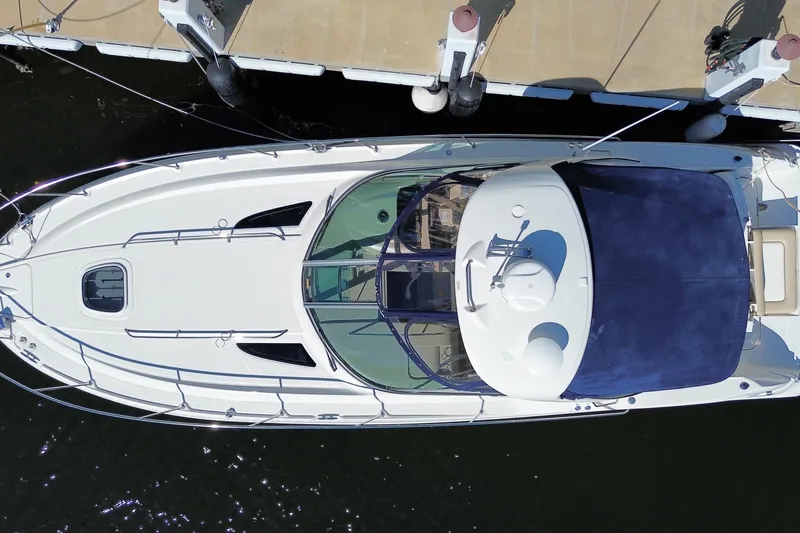 Slide: The Image of Overhead view of 2008 Sea Ray Sundancer 330 docked at marina. - 62
