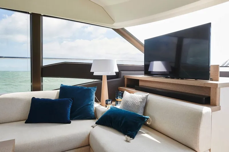 Slide: The Image of Modern bathroom in 2020 Prestige 590 yacht with sleek fixtures and ample lighting. - 21