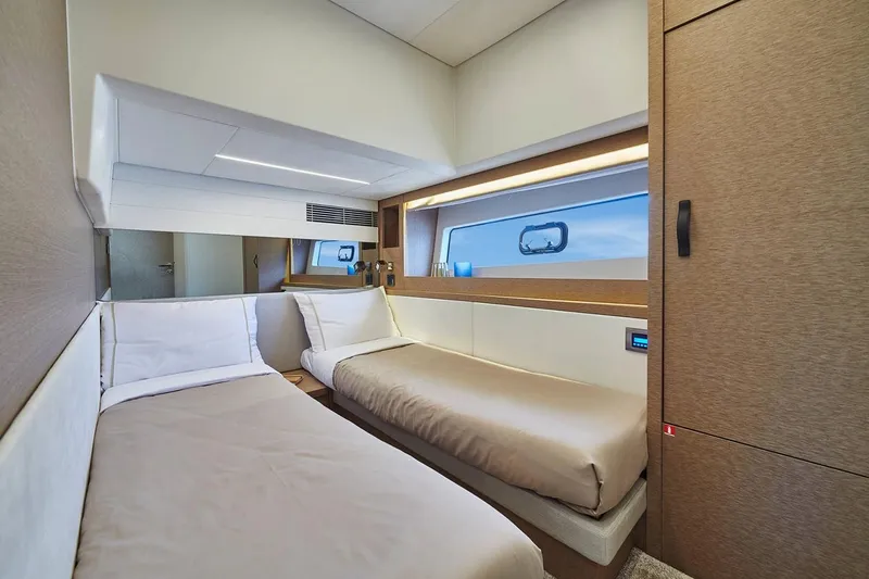 Slide: The Image of Top view of 2020 Prestige 590 yacht layout, showcasing interior and deck design. - 25