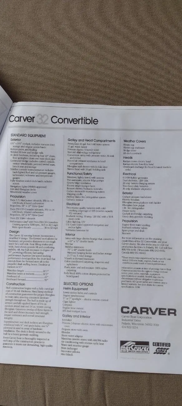 Slide: The Image of 1989 Carver 32 Convertible brochure with specifications. - 18