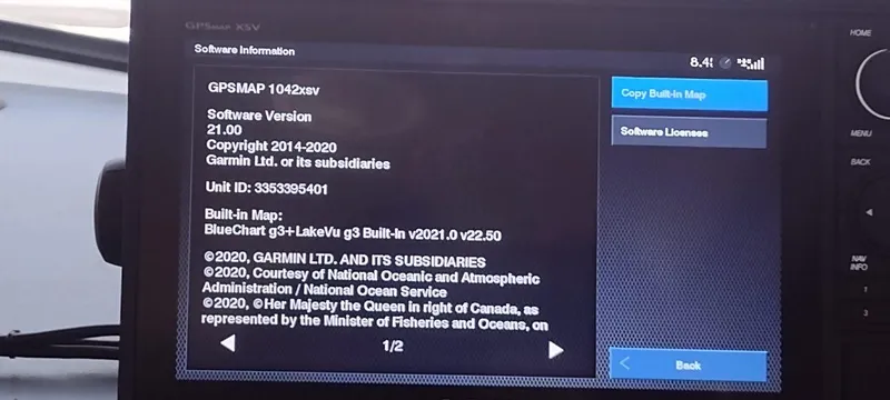 Slide: The Image of Garmin GPSMAP 1042xsv software information on Carver 32 Convertible 1989. - 21