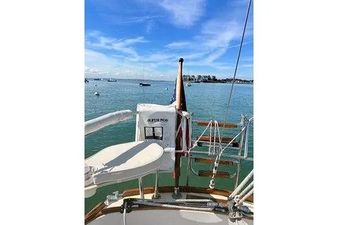 Slide: The Image of Sailboat deck view with clear blue sky and calm sea, Morris Linda 1987 model. - 11