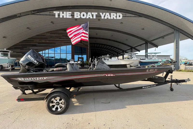 Slide: The Image of 2016 Ranger RT188 boat with Suzuki motor at The Boat Yard, featuring an American flag. - 3
