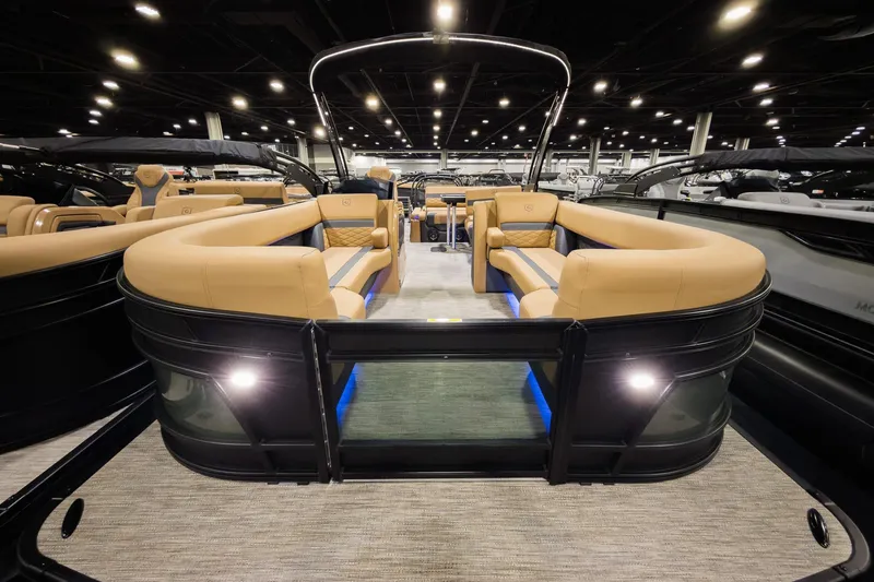 Slide: The Image of 2026 Godfrey Monaco 255 Single Flip Lounge pontoon boat interior with luxurious seating. - 3