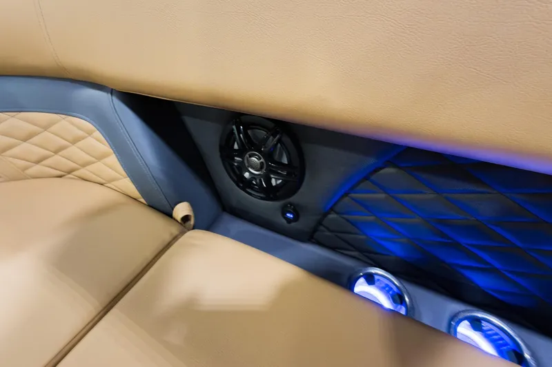 Slide: The Image of Luxurious interior of 2026 Godfrey Monaco 255 boat with blue LED lighting and speaker system. - 7