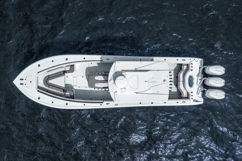 Slide: The Image of Top view of a 2025 Yellowfin 36 Offshore boat on the ocean. - 20