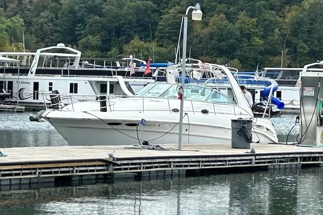 Slide: The Image of 2009 Meridian 391 Sedan yacht docked at a marina with lush forest backdrop. - 1