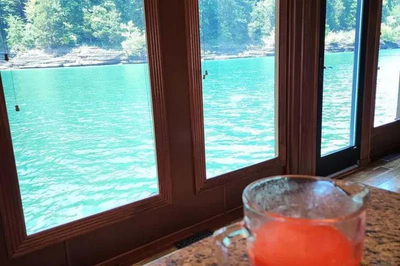 Slide: The Image of View from 2012 Thoroughbred Houseboat 21x103, overlooking serene turquoise water and lush greenery. - 5