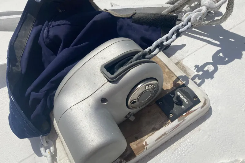 Slide: The Image of Anchor winch on 1986 Island Gypsy 40 Motor Yacht deck. - 11