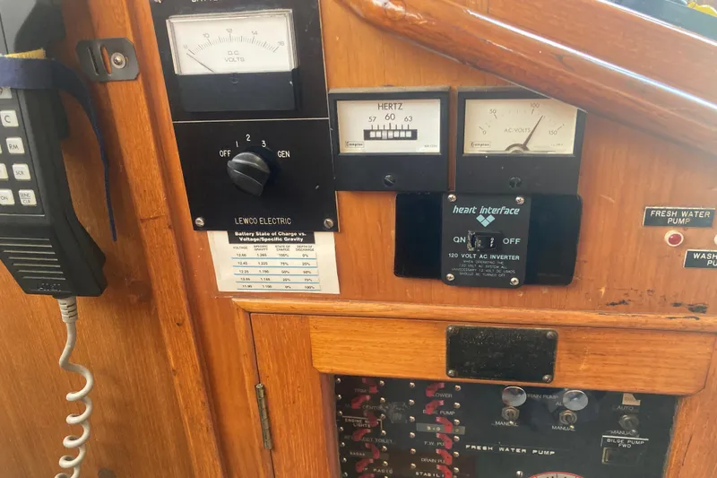 Slide: The Image of Control panel of a 1986 Island Gypsy 40 Motor Yacht with electrical gauges and switches. - 25