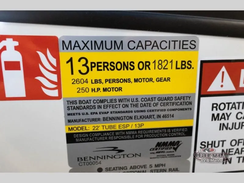 Slide: The Image of Boat capacity label for 13 persons or 1821 lbs, model MFB 2026. - 25