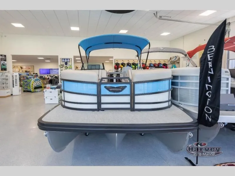 Slide: The Image of 2026 M Series 23 MFB pontoon boat in showroom. - 3