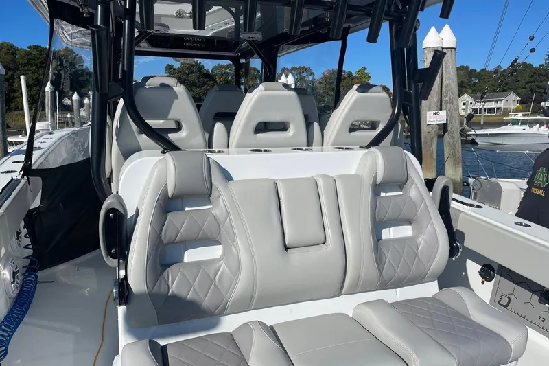 Slide: The Image of Luxury seating on a 2024 Freeman 42LR boat, featuring sleek design and premium materials. - 5