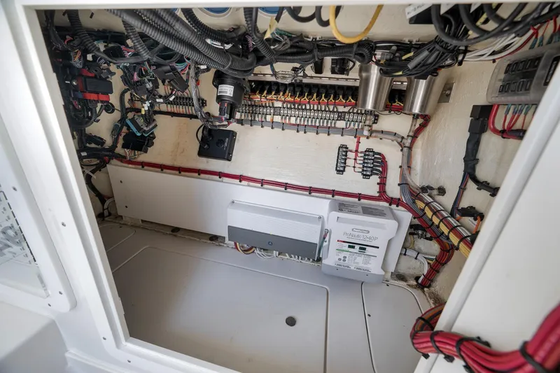 Slide: The Image of Electrical wiring and components inside a 2022 SeaVee 370Z boat. - 37