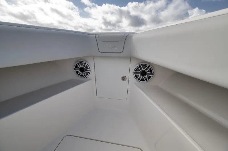 Slide: The Image of Interior view of 2022 SeaVee 370Z boat, featuring sleek design and built-in speakers. - 40