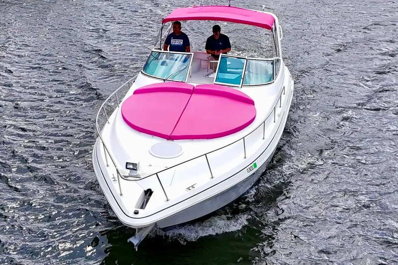 Slide: The Image of 2001 Sea Ray 340 Sundancer with pink accents cruising on water. - 11