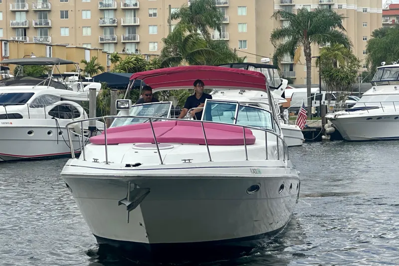 Slide: The Image of 2001 Sea Ray 340 Sundancer boat with pink canopy docked in marina. - 13