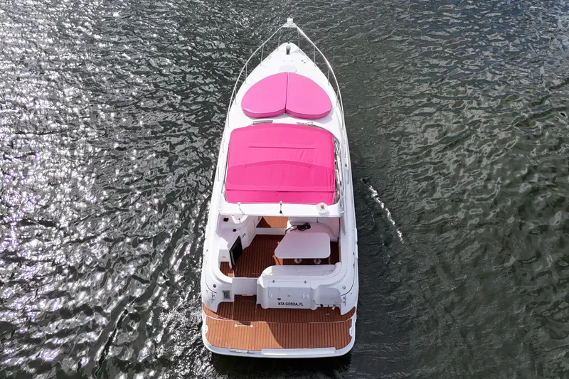Slide: The Image of 2001 Sea Ray 340 Sundancer with pink covers on water. - 5