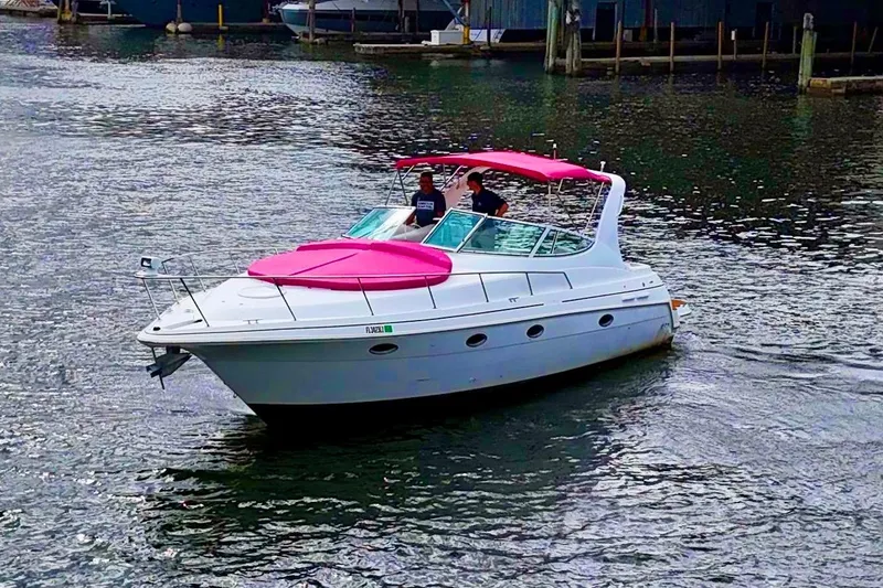 Slide: The Image of 2001 Sea Ray 340 Sundancer with pink accents cruising on a calm waterway. - 8