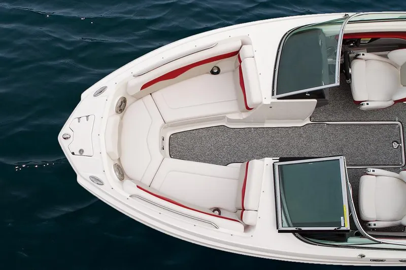 Slide: The Image of Manufacturer Provided Image: 2014 Chaparral 226 SSi boat interior with white and red seating. - 8