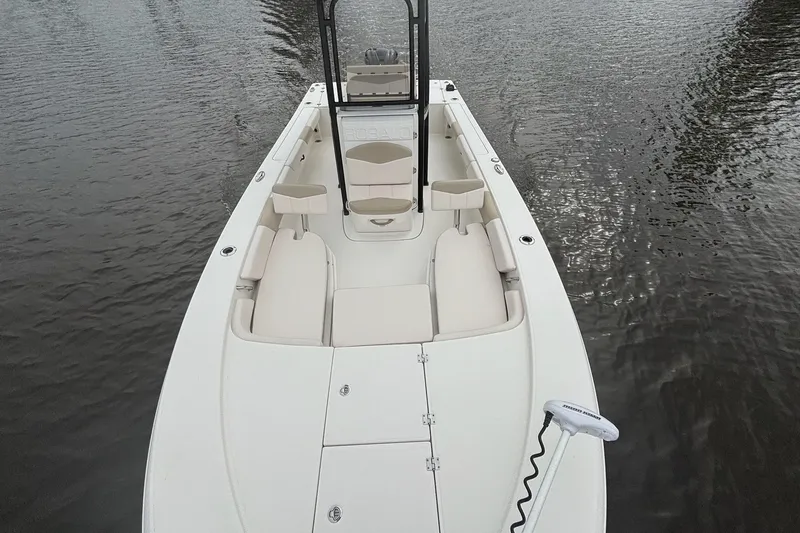 Slide: The Image of 2017 Robalo 246 Cayman boat on calm water, featuring spacious seating and sleek design. - 16