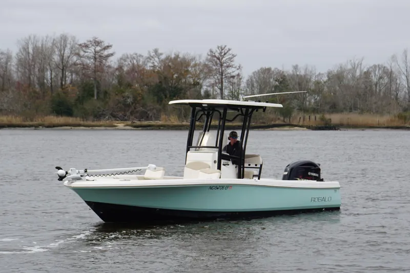 Slide: The Image of 2017 Robalo 246 Cayman boat on calm water with trees in the background. - 2