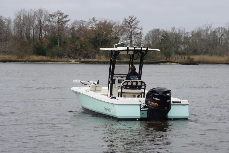 Slide: The Image of 2017 Robalo 246 Cayman boat on a calm river with trees in the background. - 6