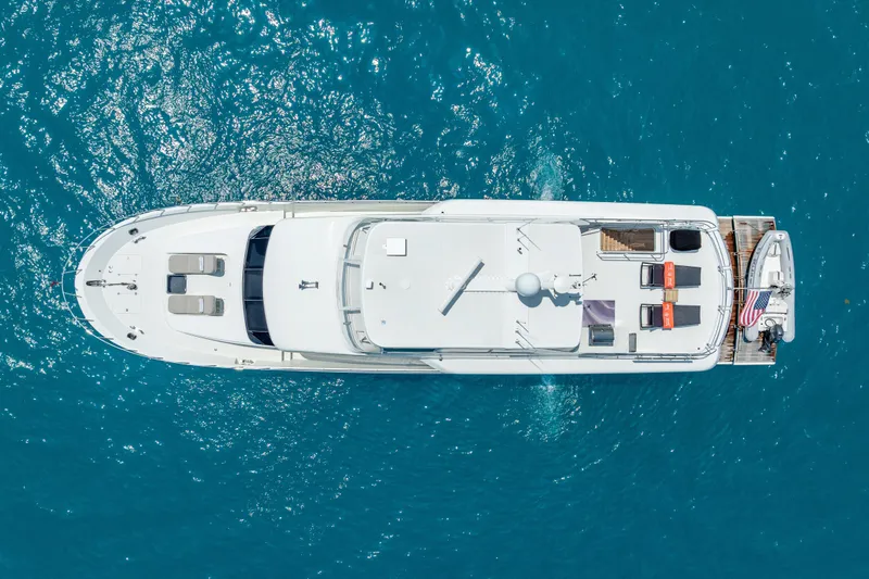 Slide: The Image of Aerial view of 2018 Cheoy Lee Bravo 78 Sport Motor Yacht on blue ocean water. - 10