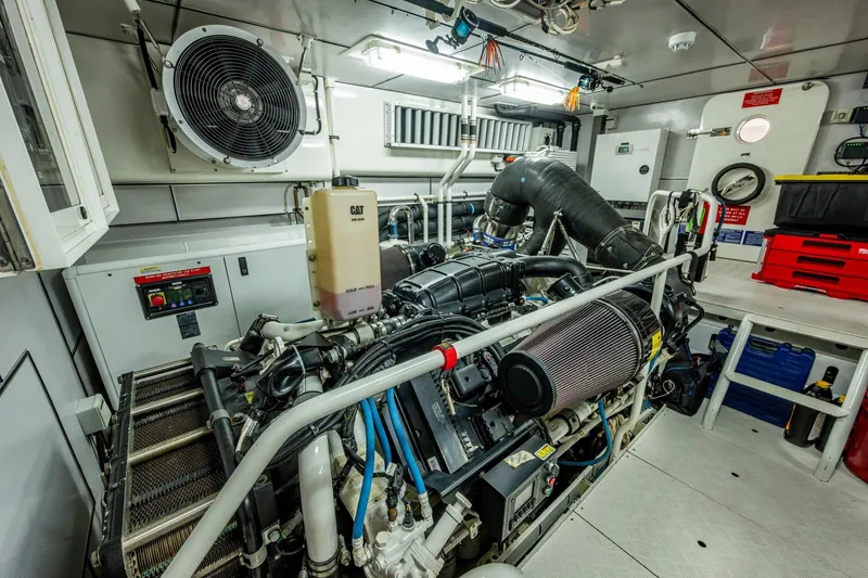 Slide: The Image of Engine room of 2018 Cheoy Lee Bravo 78 Sport Motor Yacht, featuring CAT machinery. - 85