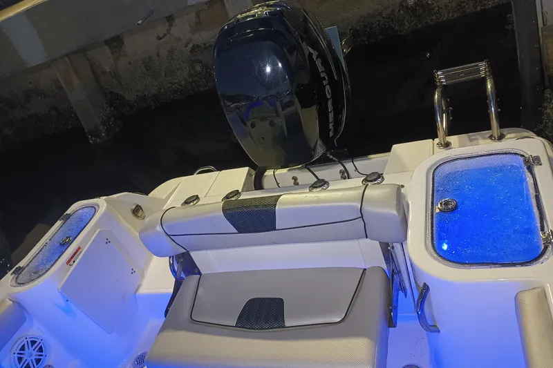 Slide: The Image of 2019 Wellcraft 242 Scarab Offshore boat interior with illuminated livewells and seating. - 29